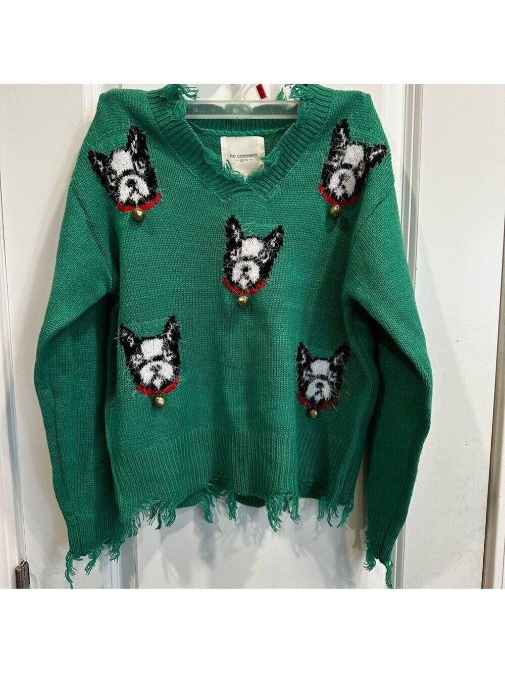 Charming Green Sweater with Dog Design & Bells NWT